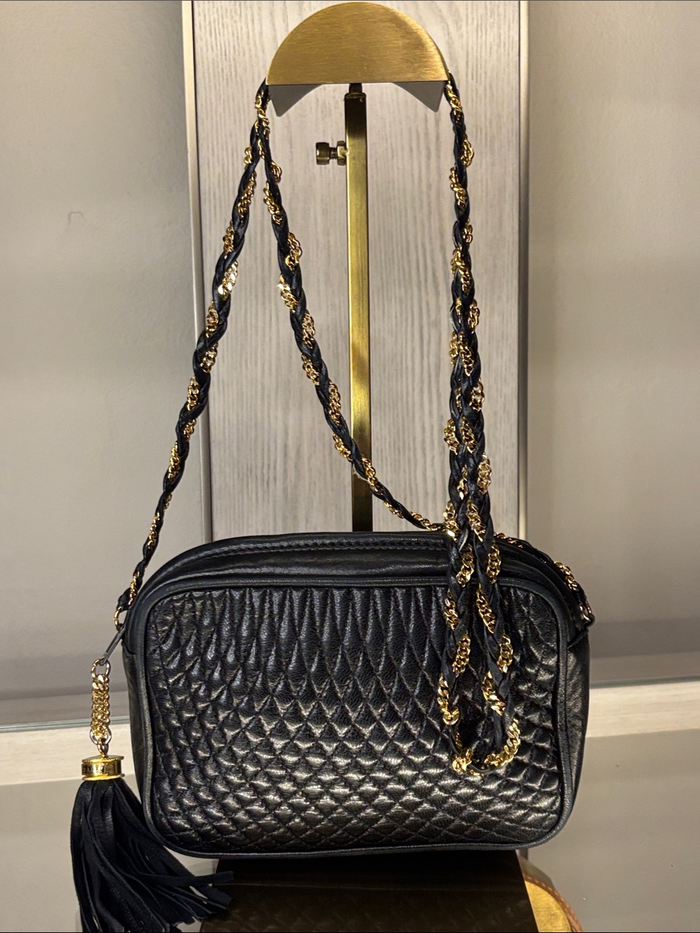 Bally Black Quilted Leather Crossbody with Gold Chain w/ COA